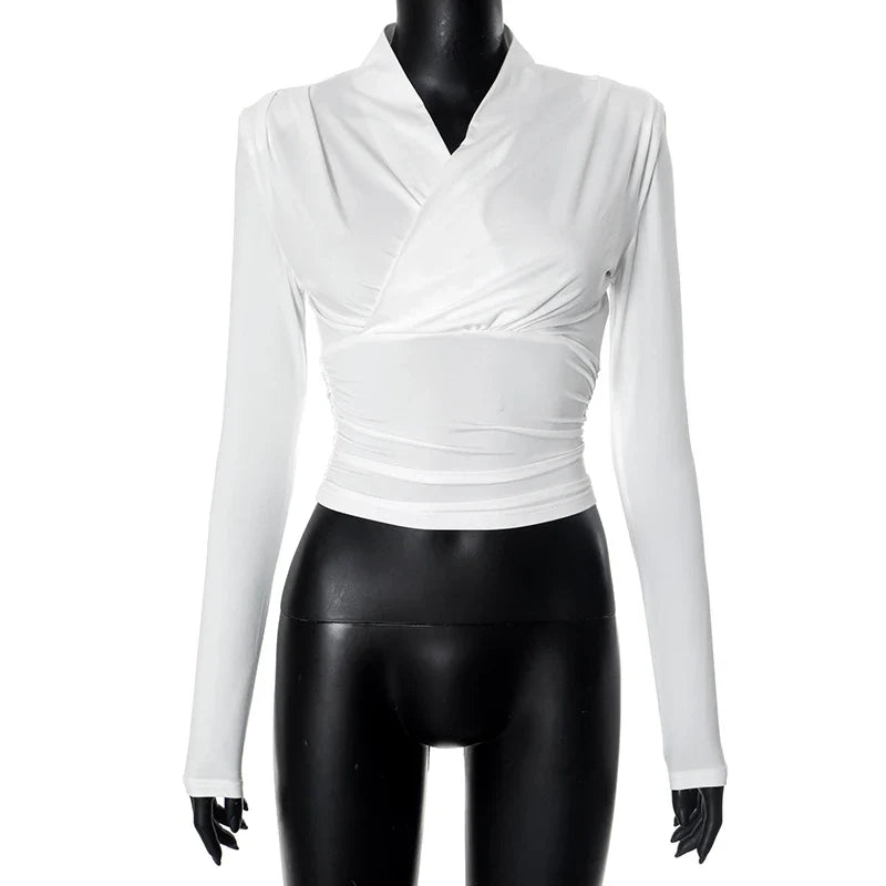 maoxiangshop - Cross-Neck Slim Long Sleeve Crop Top For Women Elegant Ruched Solid T shirt Autumn Fashion Versatile Female Pullovers