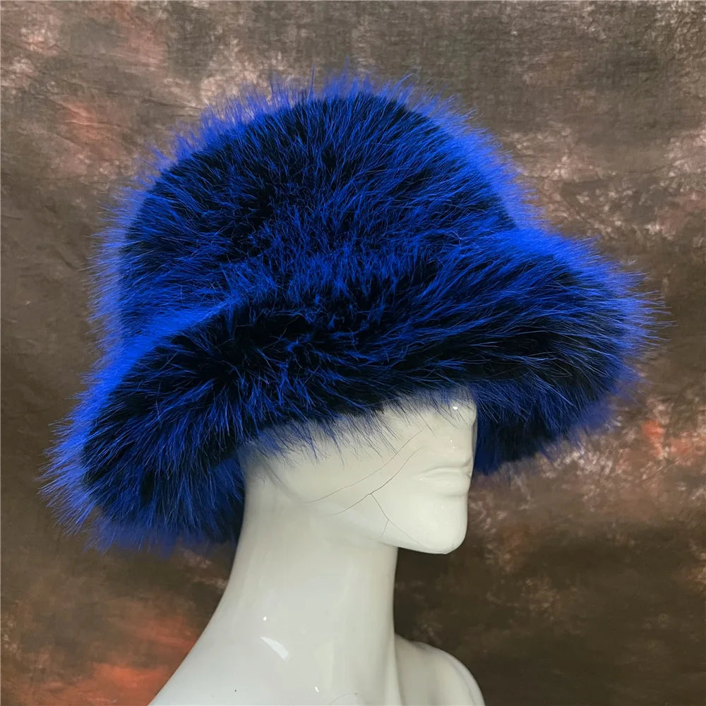 maoxiangshop - Luxury Ins Hot Y2k Girls Faux Fox Fur Bucket Hat Women Winter Warm Rabbit Fur Plush Fisherman Hat Cap Festival Party Ski Panama
