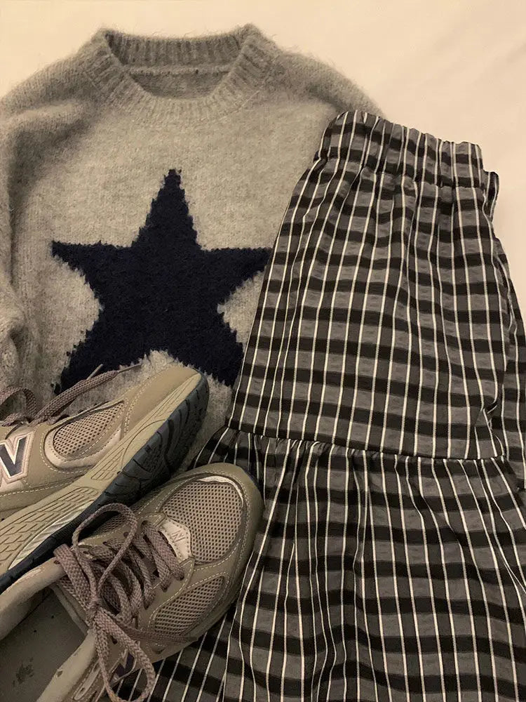 maoxiangshop - Autumn/Winter New Retro Casual Two Piece Set Women Outfits Simple Grey Round Neck Knitted Sweater+Plaid Skirt Maxi Skirt Set