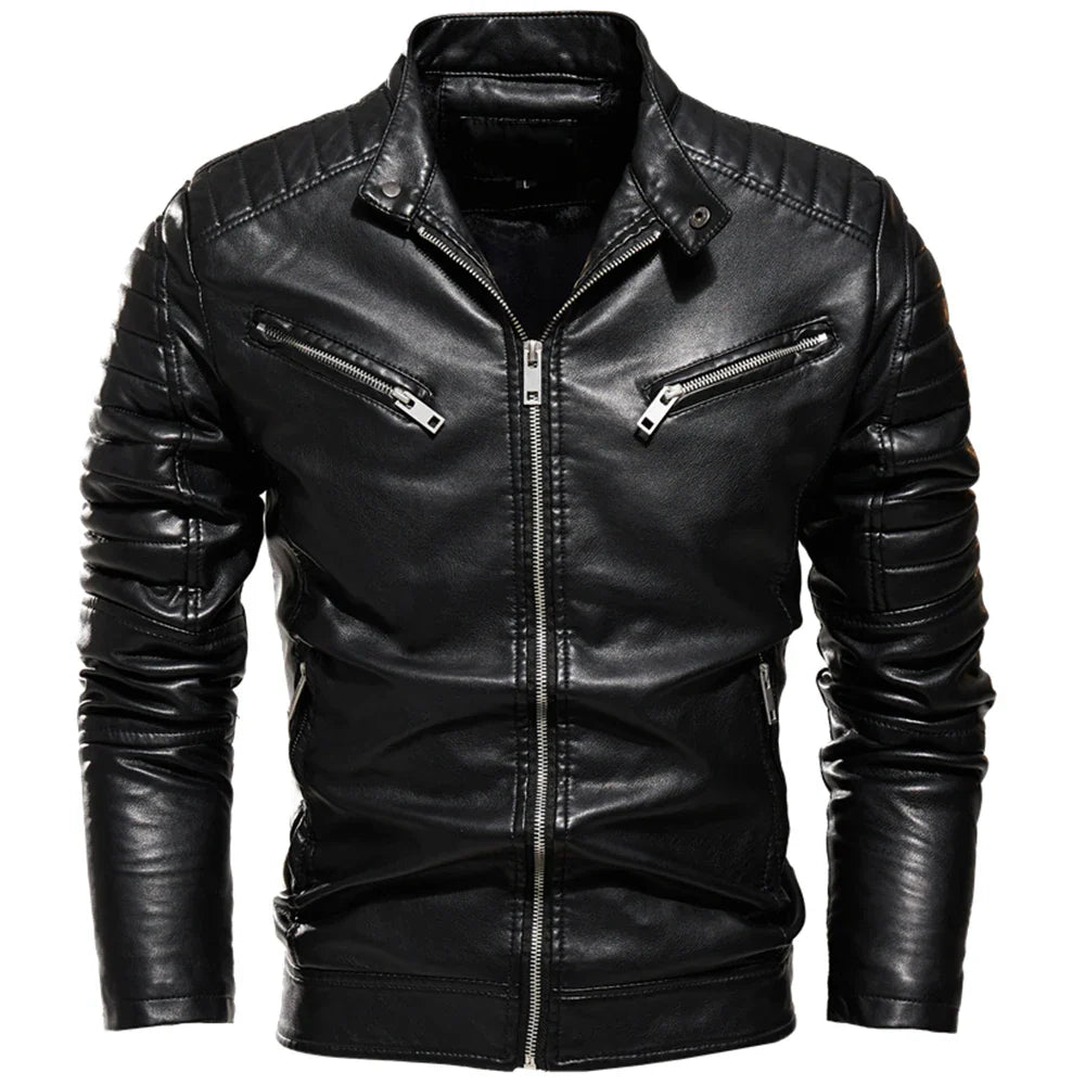 maoxiangshop Winter Black Leather Jacket Men Fur Lined Warm Motorcycle Jacket Slim Street Fashion BLack Biker Coat Pleated Design Zipper
