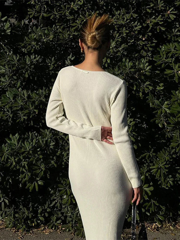 maoxiangshop - Women Sexy Lace Up Long Knit Dresses Trend Solid Hollow Out Bodycon Sweater Dress Autumn Winter Ladies Chic Knitted Clothes