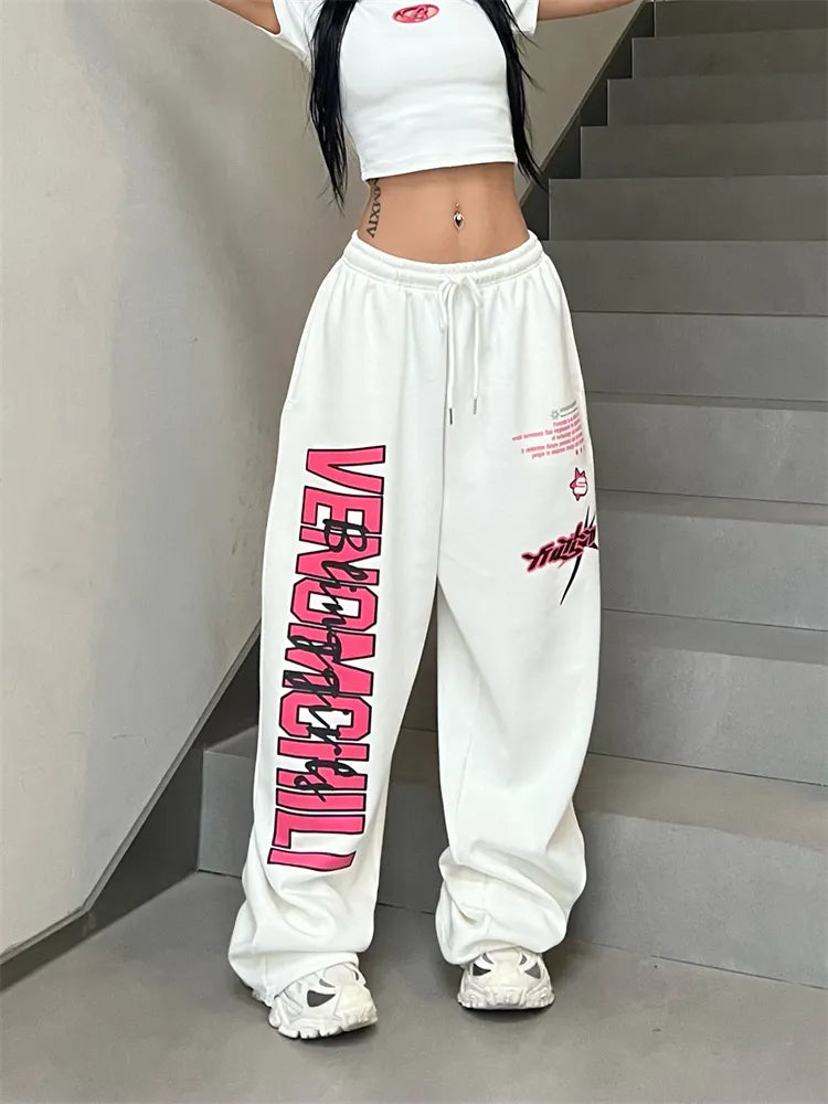 maoxiangshopDeeptown Korean Y2K White Sweatpants Women Streetwear Kpop Letter Print Sports Pants Oversized Hip Hop Wide Leg Jogging Trousers