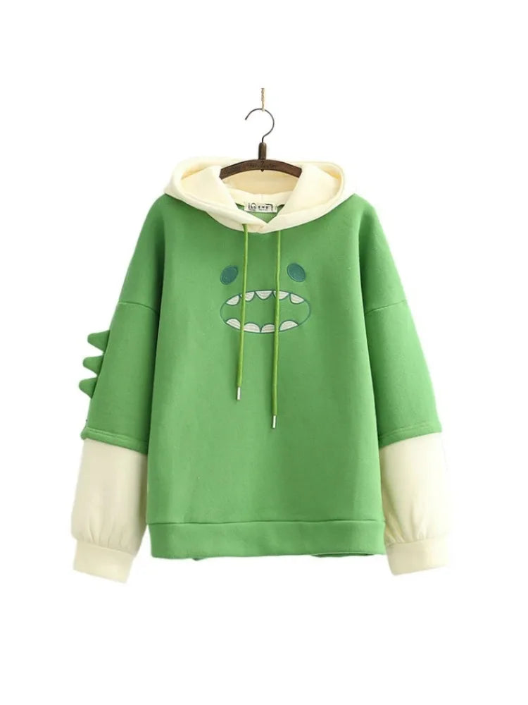 maoxiangshop Women Hooded Sweatshirt Casual Loose Long Sleeve Cartoon Embroidery Hoodies Female Winter Fleece Thick Pullover