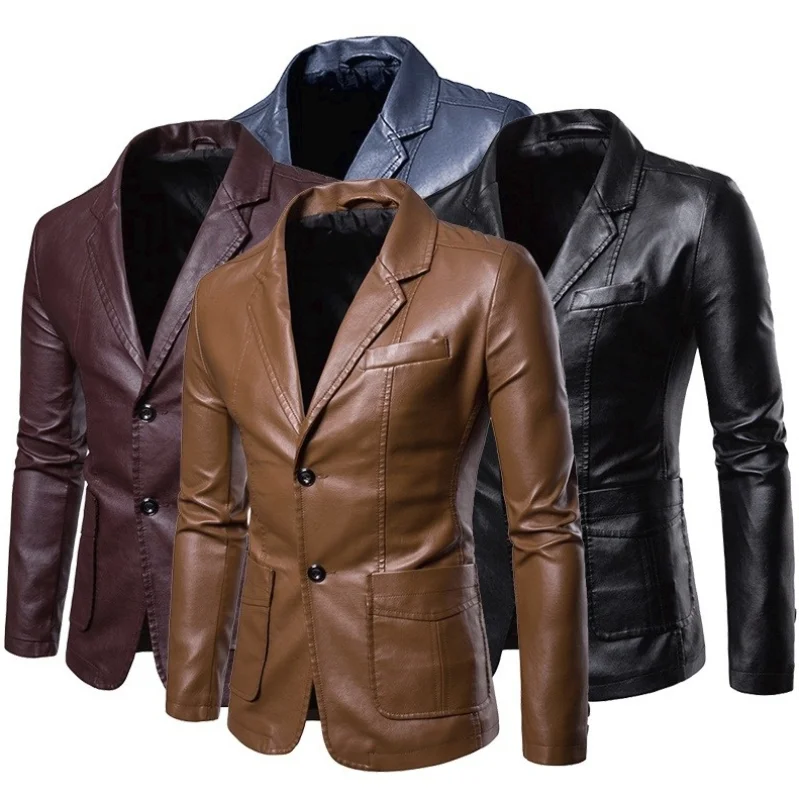 maoxiangshop 2024 Men Slim Autumn New Causal Vintage Leather Jacket Coat Men Design Motorcycle Biker Zipper Pocket PU Leather Jacket Coat