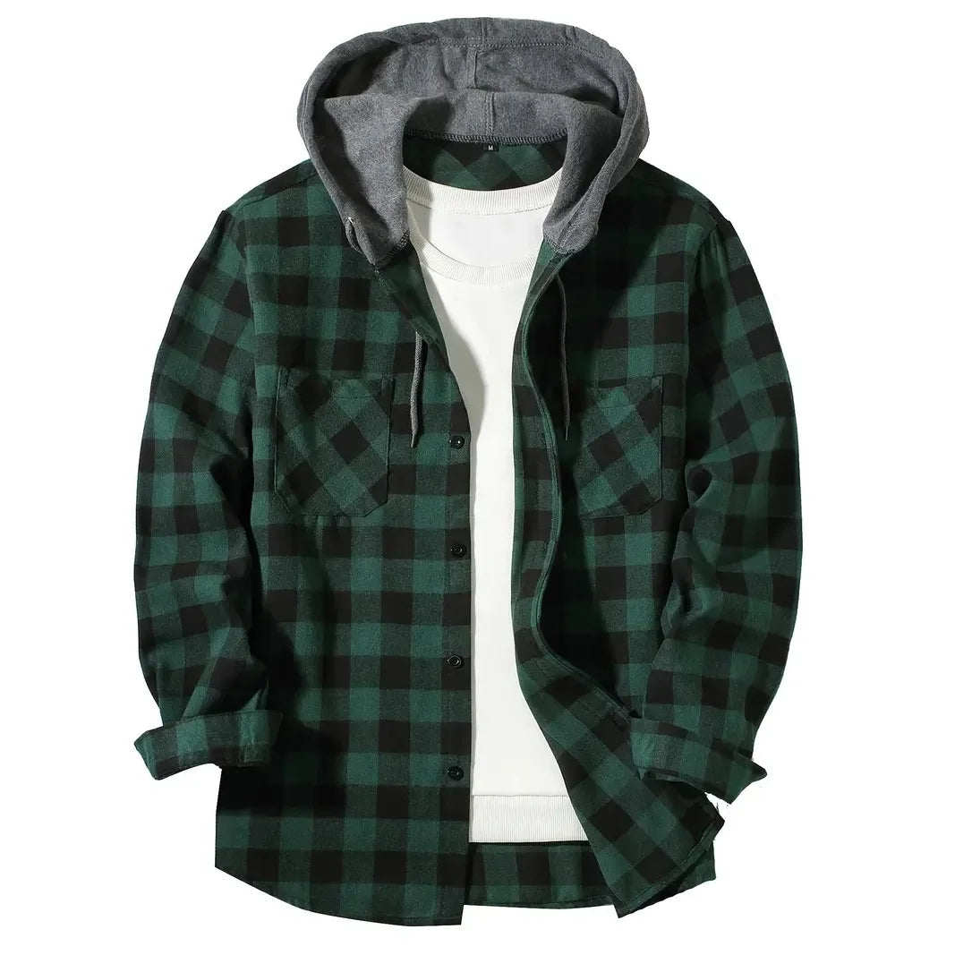maoxiangshop Spring Autumn Men's Hoodies Shirts Classic Plaid Casual Button Down Hooded Long Sleeved Double Pockets Shirt Flannel Jacket Tops