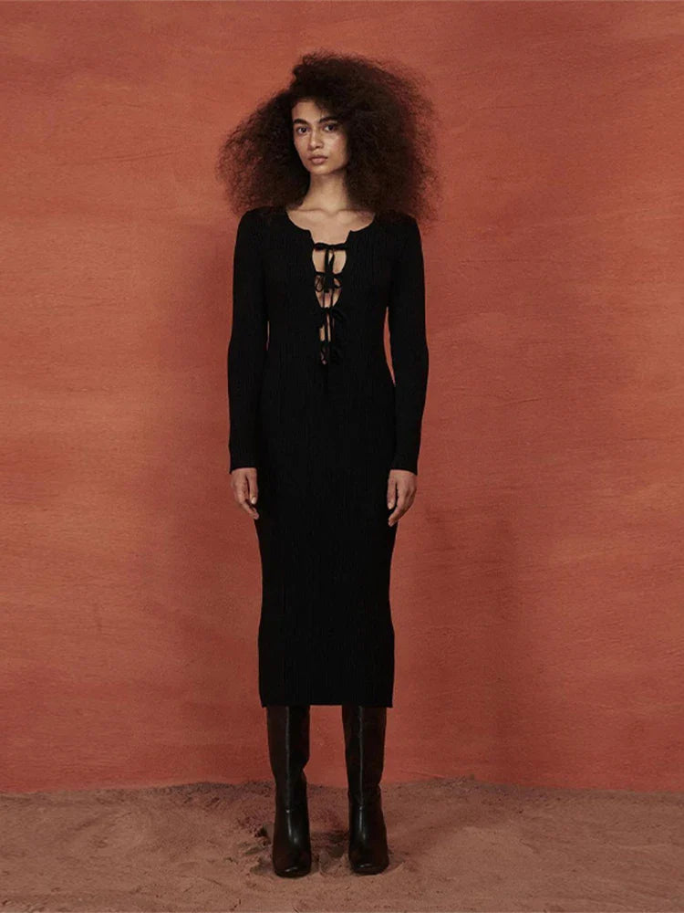 maoxiangshop - Women Sexy Lace Up Long Knit Dresses Trend Solid Hollow Out Bodycon Sweater Dress Autumn Winter Ladies Chic Knitted Clothes