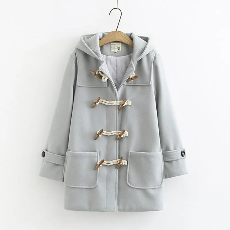 maoxiangshop Double Row Horn Buckle Coat Hooded Women Autumn Clothing Winter Casual Solid Thicken Button Jacket College Style