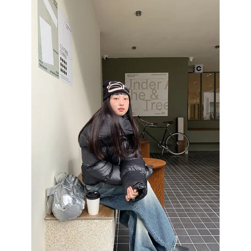 maoxiangshop - American High Street Stand Collar Thicken Warm Cotton-Padded Coat Women Winter New Solid Pop Simple Design Sense Short Coat