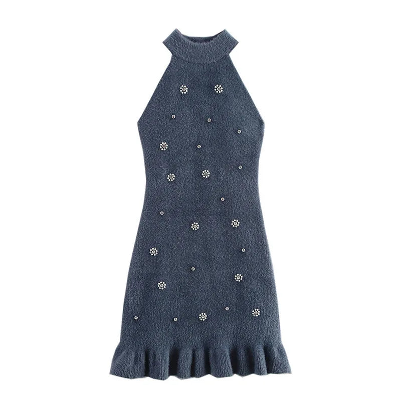 maoxiangshop - Elegant Bead Mini Dresses for Women Faux Fur Hanging Collar Sleeveless Slim Female Short Dress 2024 Autumn New Party Robes