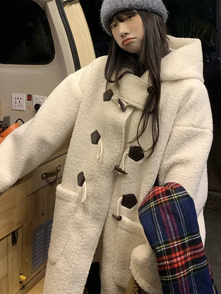 maoxiangshop - Casual Fluffy Lamb Wool Long Coats Women Warm Loose Horn Button Pockets Solid Coat Female Winter Elegant Chic Streetwear