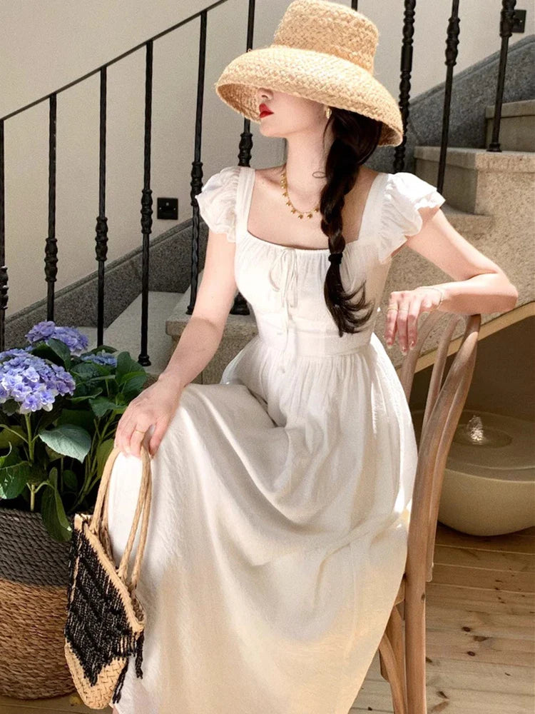 Summer Elegant Women Sweet Party Midi Holiday Dresses Casual Female Lace Up Robe