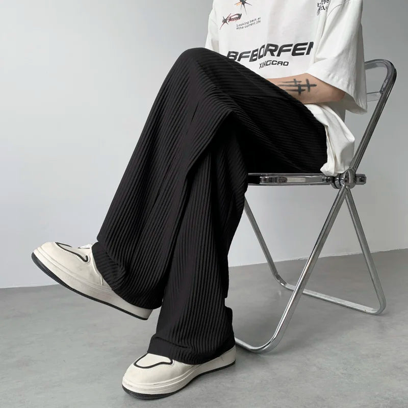 maoxiangshop Summer Pleated Pants Men Fashion Oversized Ice Silk Pants Men Japanese Streetwear Hip-hop Loose Straight Pants Mens Trousers