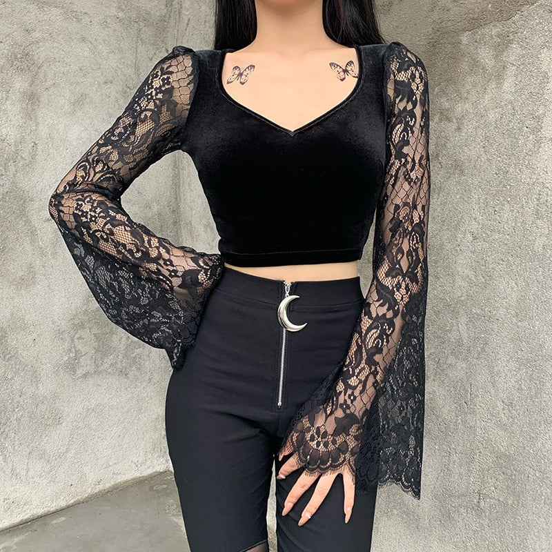 maoxiangshop 90s Vintage Velvet Black Crop Top Elegant Lady Lace Flare Sleeve V Neck T-shirt Harajuku Grunge Retro Tees Women Gothic Clothes