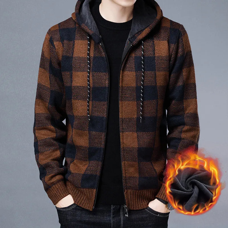 maoxiangshop Men Sweater Jacket Fashion Winter Coat Fleece Hoodies High Quality Luxury Checkered Hooded Knit Cardigan Male Outer Wear