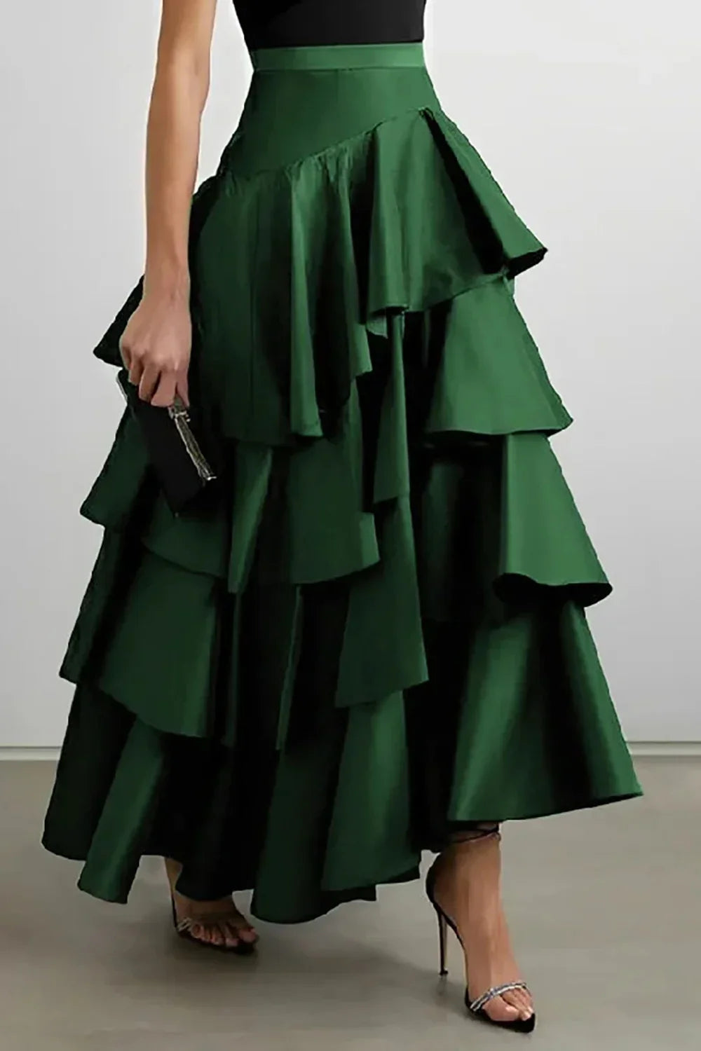 maoxiangshop Women's High Waist Layered Ruffle Maxi Cake Skirt Elegant Party Wedding Guest Y2K Solid Vintage Black Solid A Line Skirts
