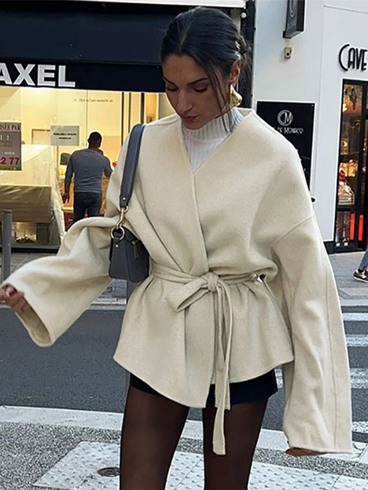 maoxiangshop - Elegant Fleece Women's Coat With Belt Solid V-neck Long Sleeve Lace Up Jacket Cardigan Autumn Winter Coats Female Tops Outwear