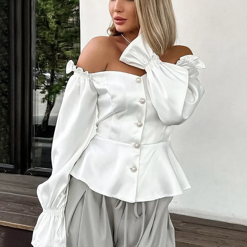 maoxiangshop - Elegant Women Shirt 2024 Autumn Winter Satin shirt White Ruffle Hem Buttoned Off Shoulder Strap Long Sleeve Slim Fit Blouse