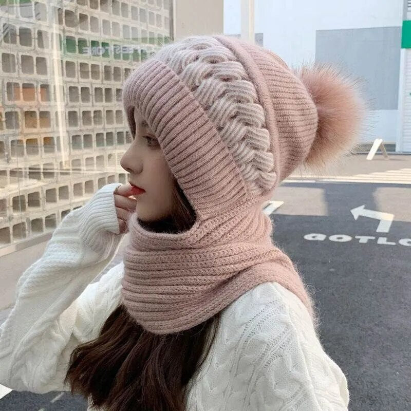 maoxiangshop New Women Winter Warm Beanies Hat Scarf set Breathable Rabbit Hair Blend Knitted Hat Scarf for Women warm lining Caps