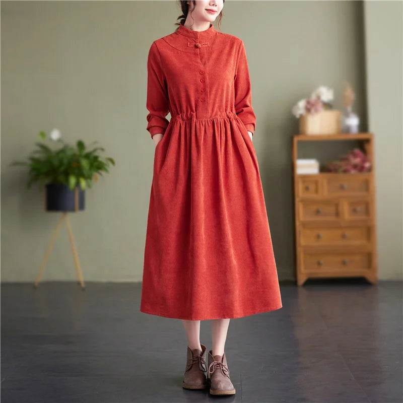 maoxiangshop Vintage Corduroy Dress Stand Collar Buttons High Waisted Midi Dress Long Sleeve Retro A Line Dress Women Pockets Autumn