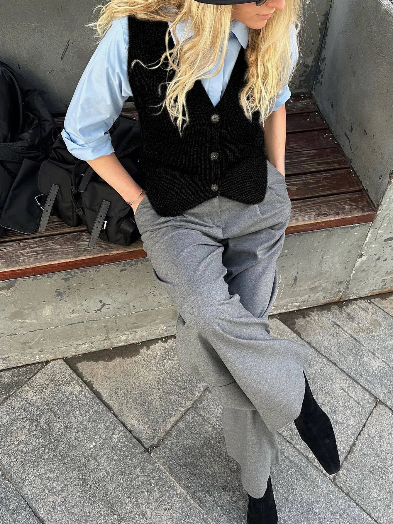 maoxiangshop - Basic Knitwear Sweater Vest Grey Sleeveless Button Up V-neck Jumpers Office Ladies England Style Autumn Winter Tops Chic