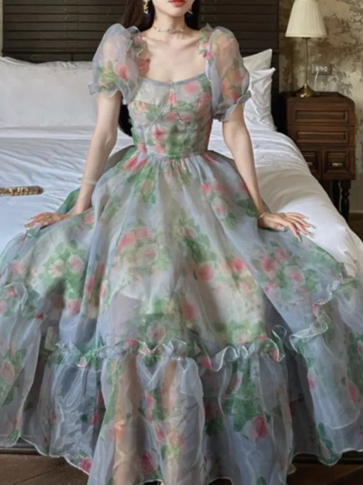 maoxiangshop Vintage Floral Evening Midi Maxi Dresses for Women Elegant Casual Party Prom Green Holiday Princess Fairy Long Dress Summer 2024