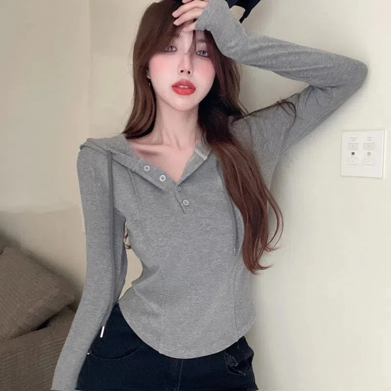 maoxiangshop Korean Style Slim Crop Hoodies Women Pullovers Kpop Solid Hooded Sweatshirt White Long Sleeve Tops Autumn Fashion