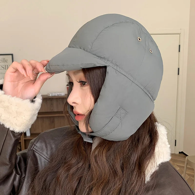 maoxiangshop - Down Cotton Bomber Hats for Women Winter Windproof Ear Protection Cap Warm Thick Motorcycle Lining Korean Solid Cycling Ski Hat