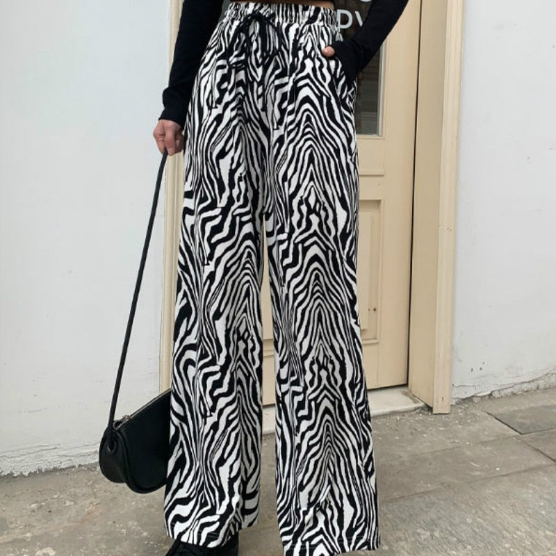 maoxiangshop Pants Women Lace-up Adjustable Zebra Pattern Striped Fashionable Loose Leisure Stylish Straight Trousers Womens Comfortable Chic