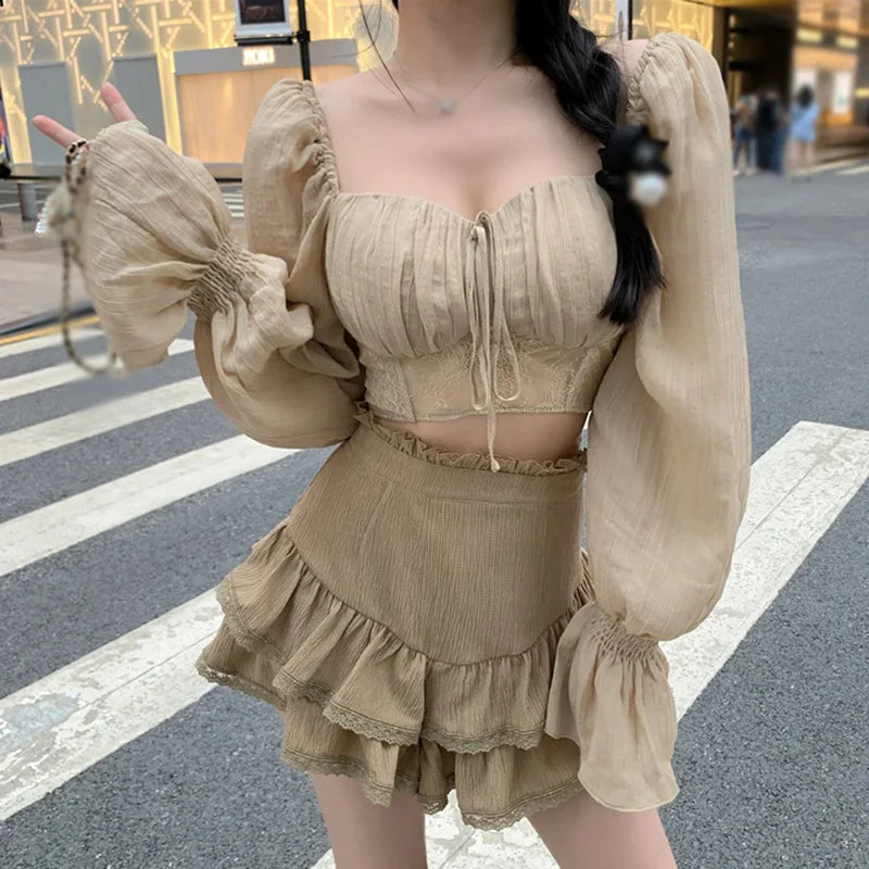 maoxiangshop Casual T Shirts Solid Color Women's Crop Top Ruffles Chiffon Blouse Autumn Outfit Long Sleeve Slim Fit