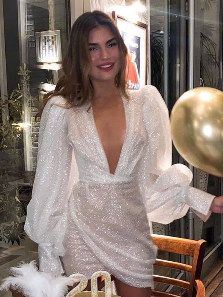 maoxiangshop Sexy Sequins Women Party Mini Dress V-Neck Lantern Long Sleeve Female Night Club Evening Dresses Bodycon Short Dress Summer