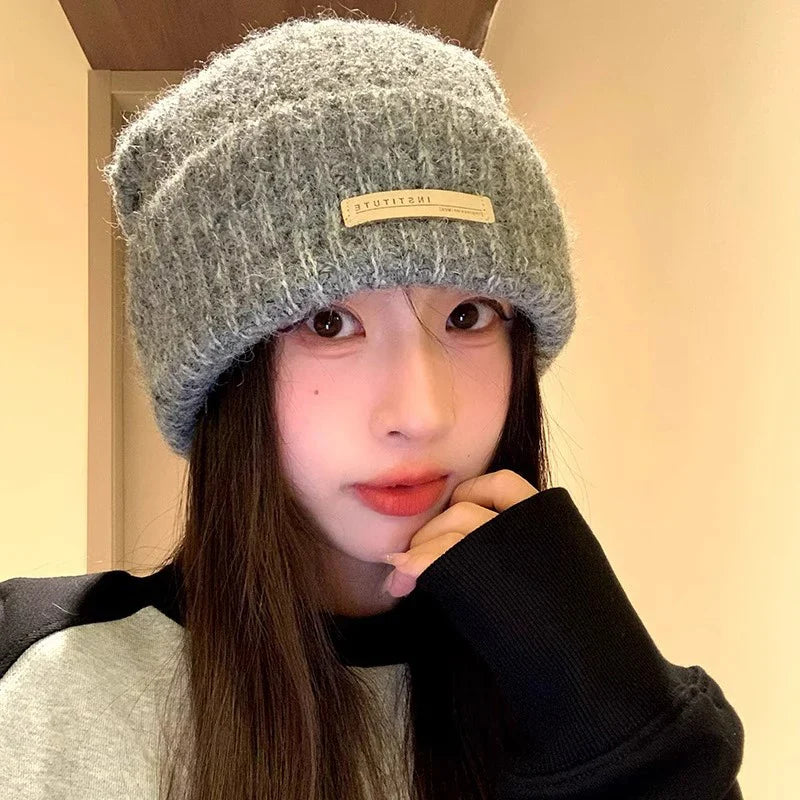 maoxiangshop - Knitted Heap Heap Beanie Hat for Women Solid Leather Label Pullover Cap Winter Thickened Warm Woolen Hats Outdoor Cycling Bonnet