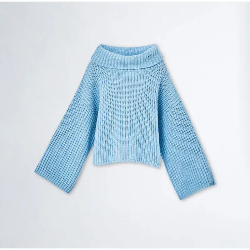 maoxiangshop - Woman Blue Slash Neck Off Shoulder Sweater Autumn New Long Sleeve Oversize Pullover Chic Casual High Streetwear Knit Jumper
