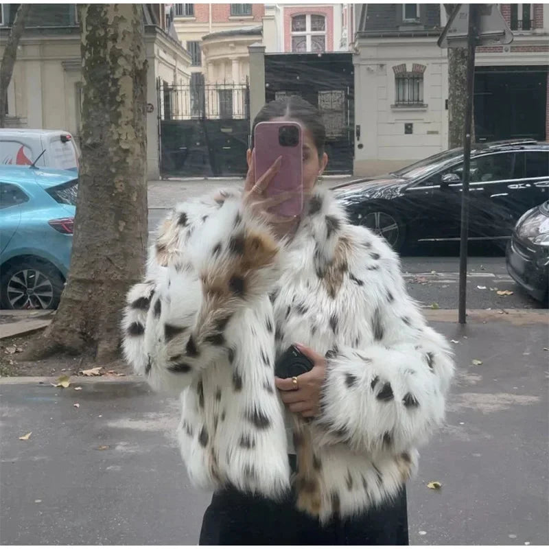 maoxiangshop - Dot Leopard Contrast Stand Collar Faux Fur Coat Women Warm Commute Long Sleeve Fluffy Plush Jacket Autumn High Street Outerwear