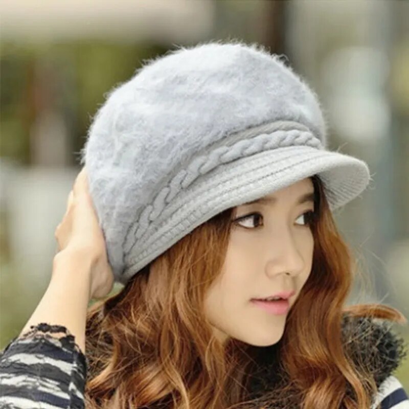 maoxiangshop New Women Beret Hats Fashion Winter Warm Rabbit Fur Knitted Beanie Ladies Female Casual Fleece Berets Cap bonnet hiver femme