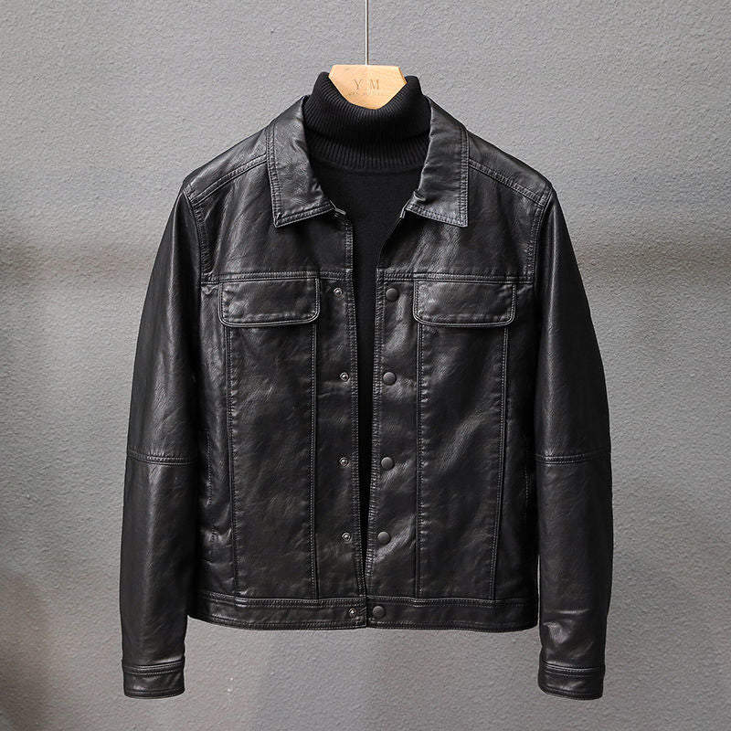 maoxiangshop Autumn New Korean Fashion Men's Slim Leather Jacket Retro Style Casual Lapel Black Biker Jacket Male Brand Clothes