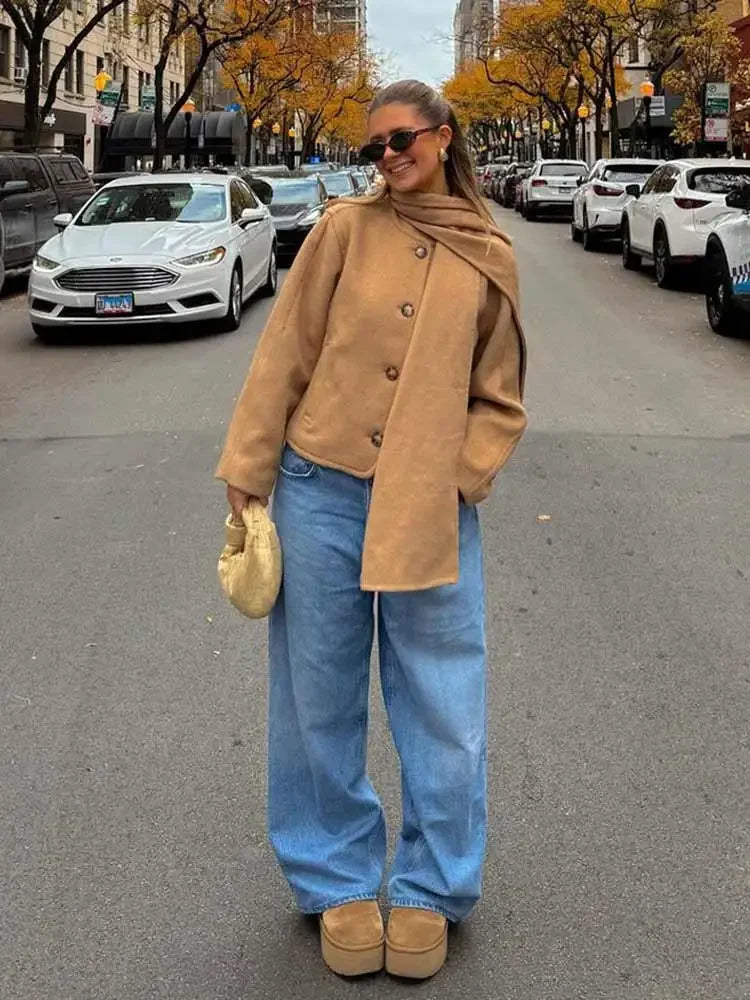 maoxiangshop - Chic Scarf Collar Women Short Coats Women Casual Single Breasted Long Sleeve Jackets 2024 Autumn New Lady High Street Outerwear