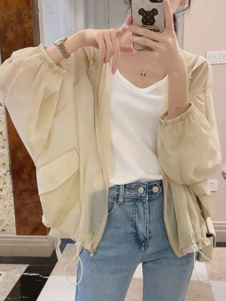 Women Jackets Batwing Sleeve Soft Fashion Summer Hooded Outwear Simple Solid Elegant Sun-proof Ladies Korean Zipper Tops