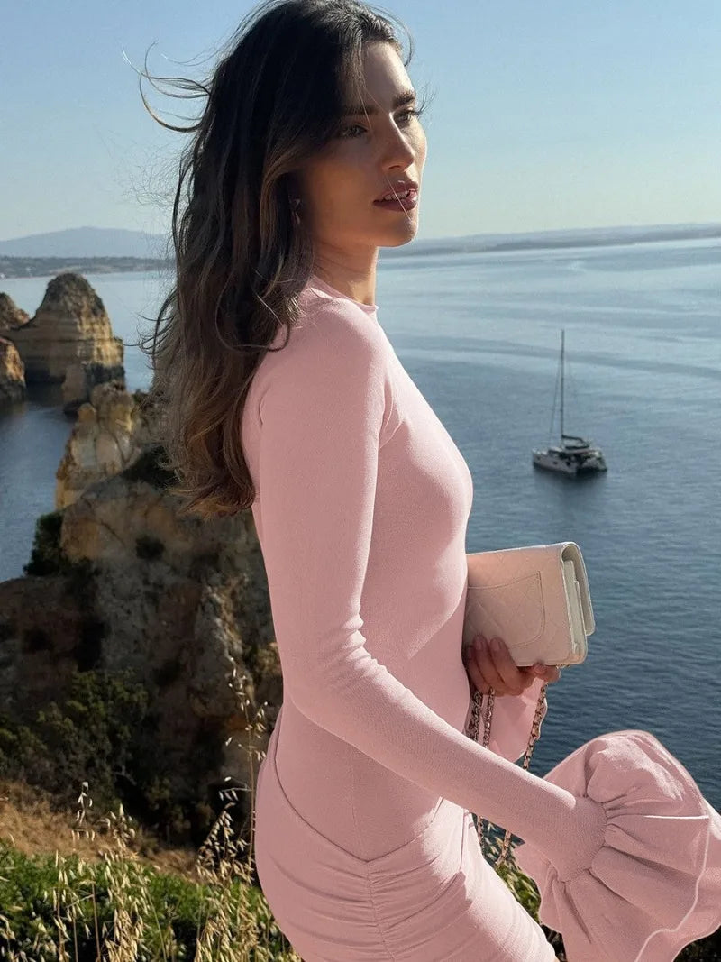 maoxiangshop - Fashion Solid Pink Short Dress Streetwear Women's Autumn Winter Flare Sleeve Folds Bodycon Package Hip Birthday Party Dresses