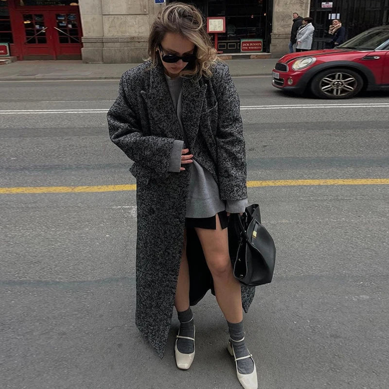 maoxiangshop - Elegant Gray Long Coat Women Woolen Double Breasted Turn-down Collar Oversize Thick Outwear 2024 Autumn Chic Casual Overcoat