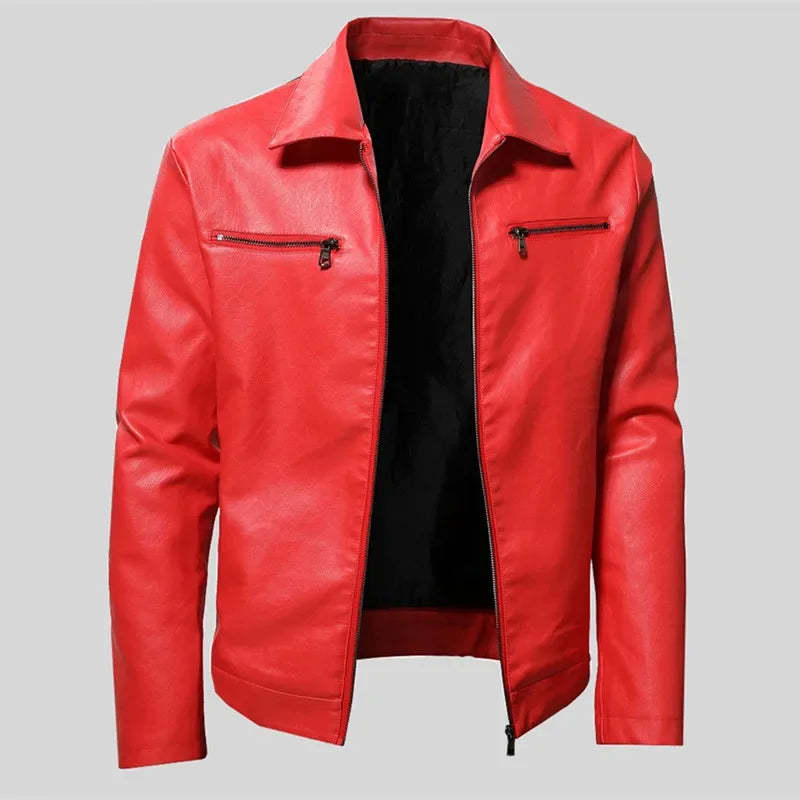 maoxiangshop Men Quality Casual PU Leather Coat Red Slim Rider Style Leather Jacket Popular Young Leather Jackets