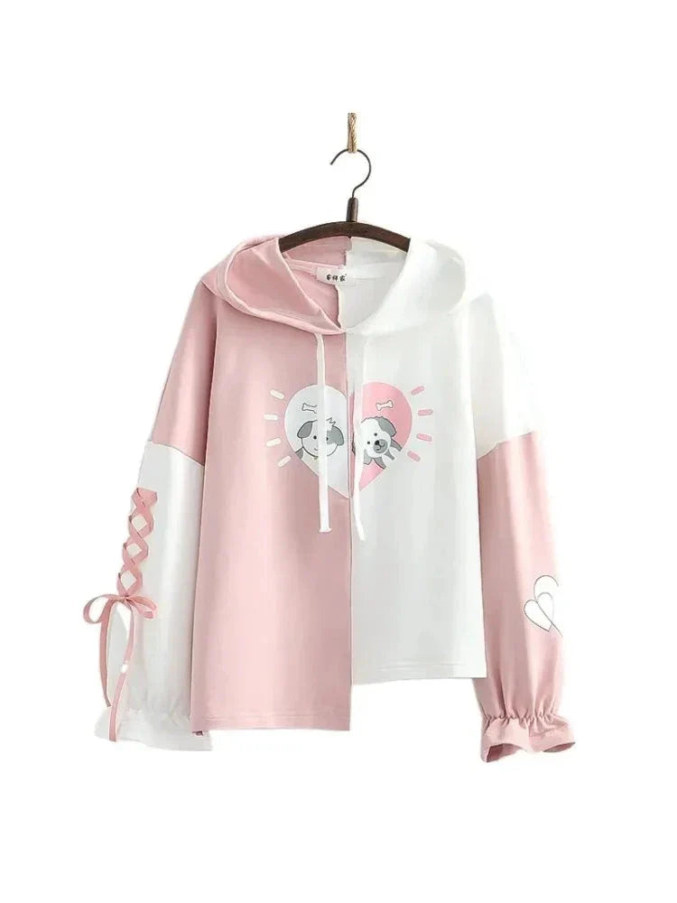 maoxiangshop Pink Patchwork Cotton Hoodies For Women Summer Harajuku Cartoon Print Lace Up Hooded Sweatshirt Sweet Style Ladie Daily Top