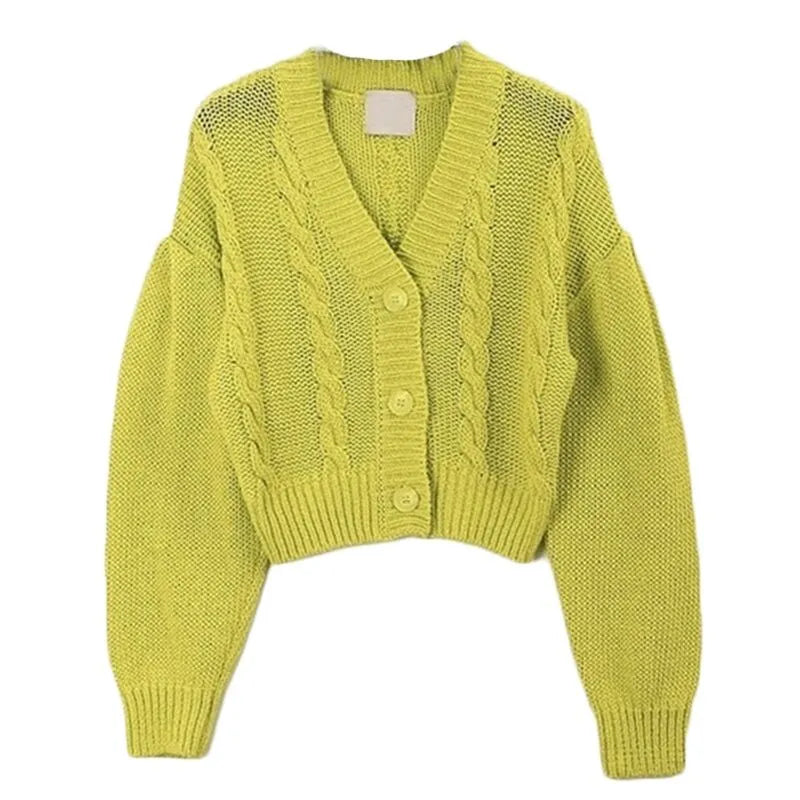 maoxiangshop Chunky Crop Cardigan for Women Pink Blue Green V-Neck Button Up Cable Knit Sweater Jacket Autumn Winter