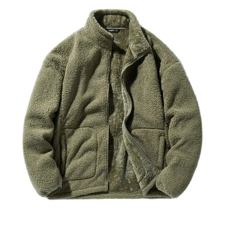 maoxiangshop Winter Fleece Jackets Men Solid Color Loose Casual Warm Coat Mens Stand Collar Outerwear Jacket Harajuku Streetwear Plus Size