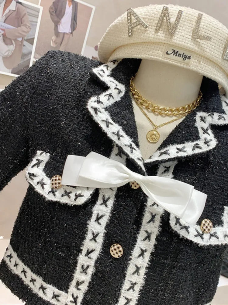 Fashion Small Fragrance Tweed Two Piece Set Women Crop Top Bow Short Jacket Coat + Pleated Skirt Suits Vintage 2 Piece Sets