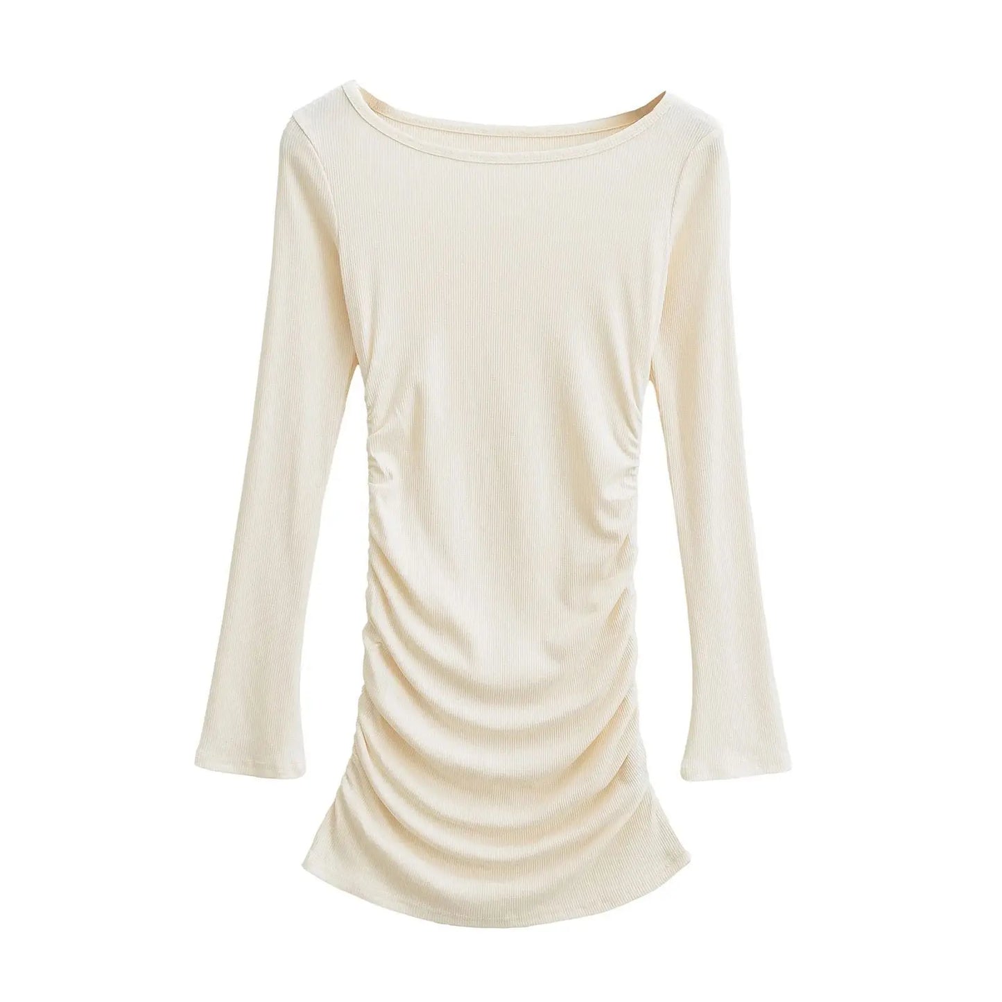 maoxiangshop - Autumn/winter New Round Neck Long Sleeve Dress Women Cinching Waist Wrap Hip Solid Slim Pleated Knitted Short Dress