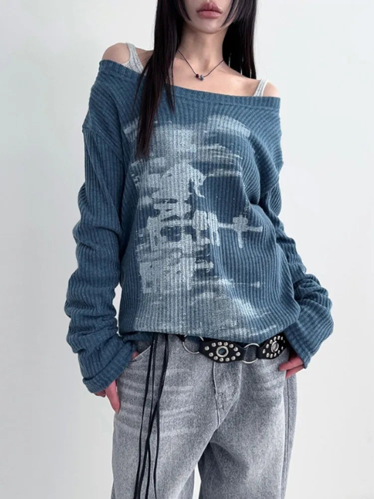 maoxiangshop - Autumn Harajuku Women Printing Tees Vintage Streetwear Grunge Skew Collar Tops Y2k Aesthetic Loose Casual Hiphop Vintage Tops