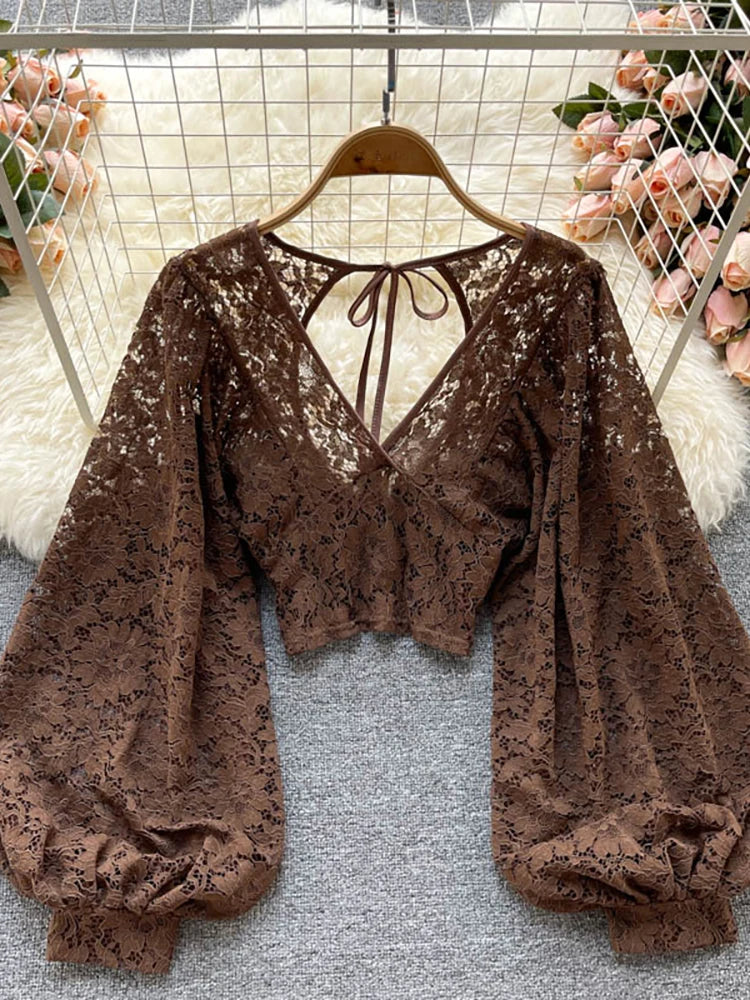 maoxiangshopAutumn Black/White/Brown Sexy Lace Blouse Women Elegant V-Neck Puff Long Sleeve Open Back Short Tops Female Party Blusas
