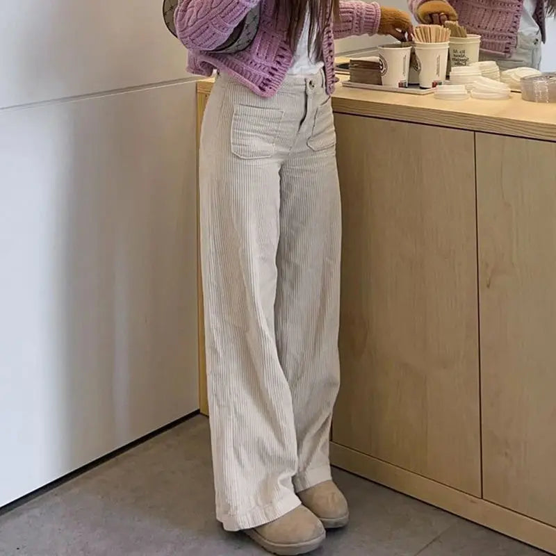 maoxiangshop - Autumn Baggy Corduroy Pants Woman Korean Fashion Office Lady Basic Casual Wide Leg Trousers Winter New Pantalones