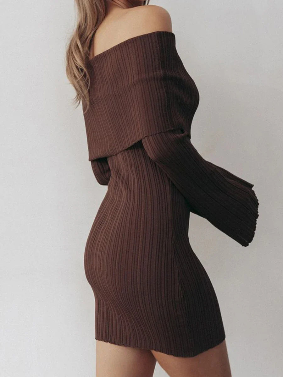 maoxiangshop - Off Shoulder Sexy Slim Mini Dress Women Autumn New Strapless Long Sleeve Solid Knitted Dresses 2024 Elegant Fashion A-line Dress