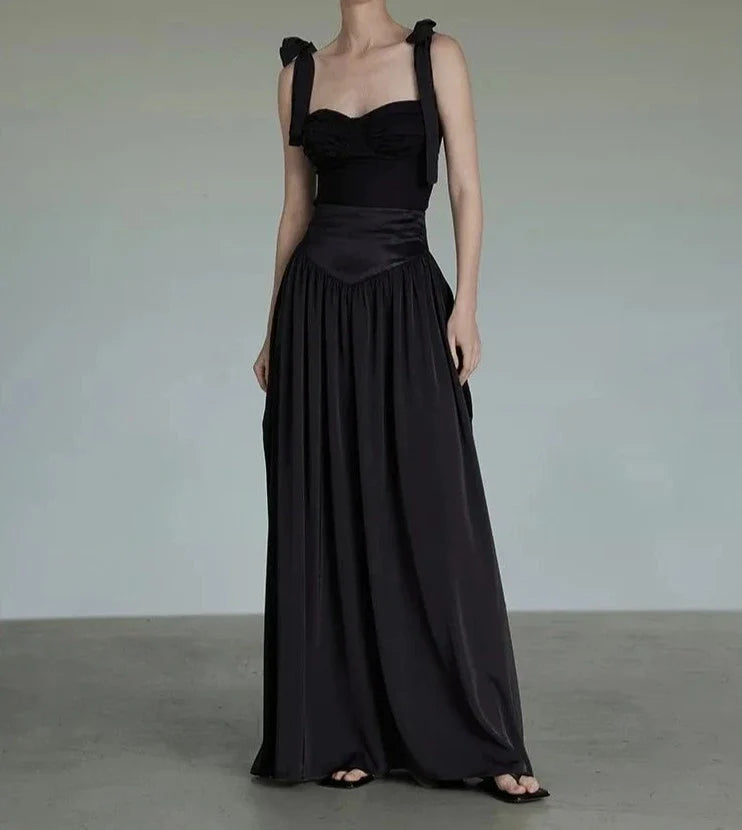maoxiangshop - 2024 New Women Designer Two Pieces Set Black Camisole Tops Slimy Gothic Girl Tanks Maxi Skirts Outfit Hepburn Vintage Skirt